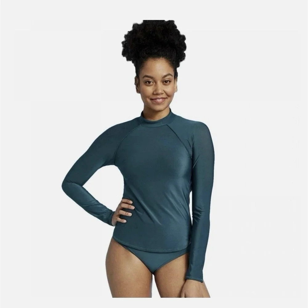 All In‎ Motion Women's Large Green  Mock Neck Long Sleeve Rash guard Surf NWT